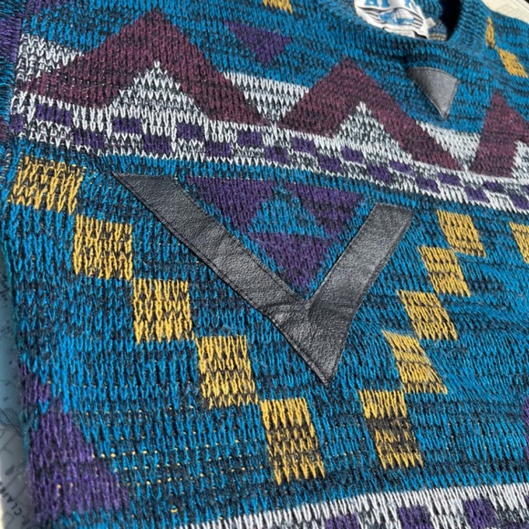 Vintage 90s Hi Yu Leather Trimmed Dad Sweater - Picture 4 of 5